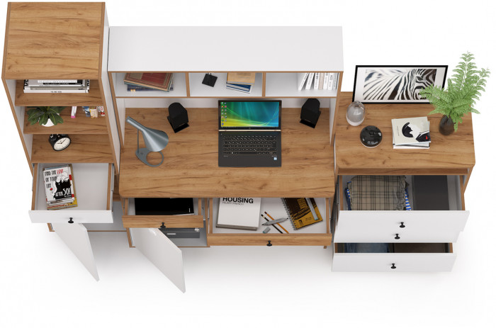 Вуди Компоновка № 50, цвет белый премиум/дуб крафт золотой, ШхГхВ 225х52,7х180,3 см., универсальная сборка