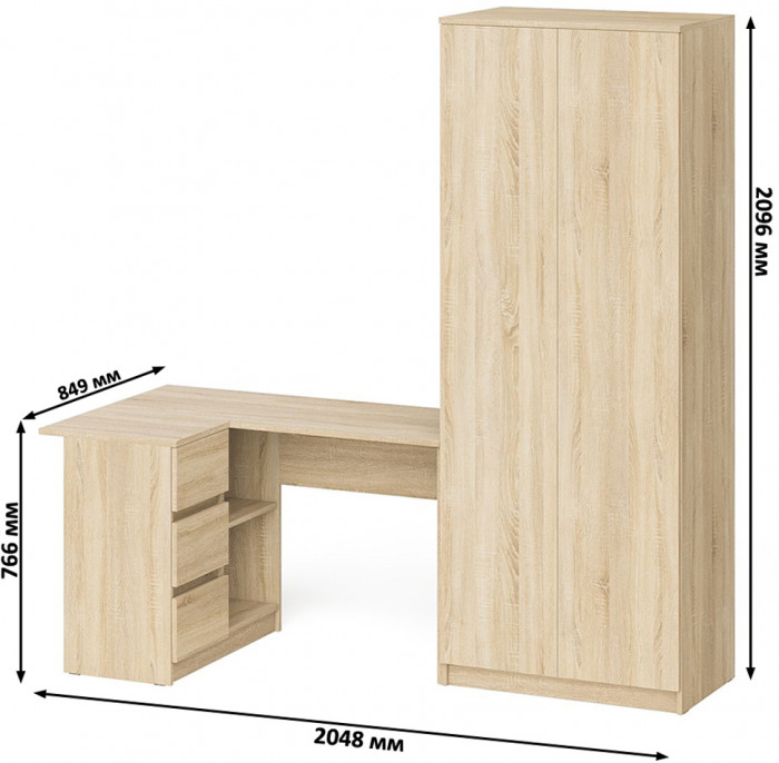 Мори Стол компьютерный МС-16 левый + Шкаф МШ800.1, цвет дуб сонома, ШхГхВ 204,8х84,9х209,6 см., выдвижные ящики слева, НЕ универсальная сборка