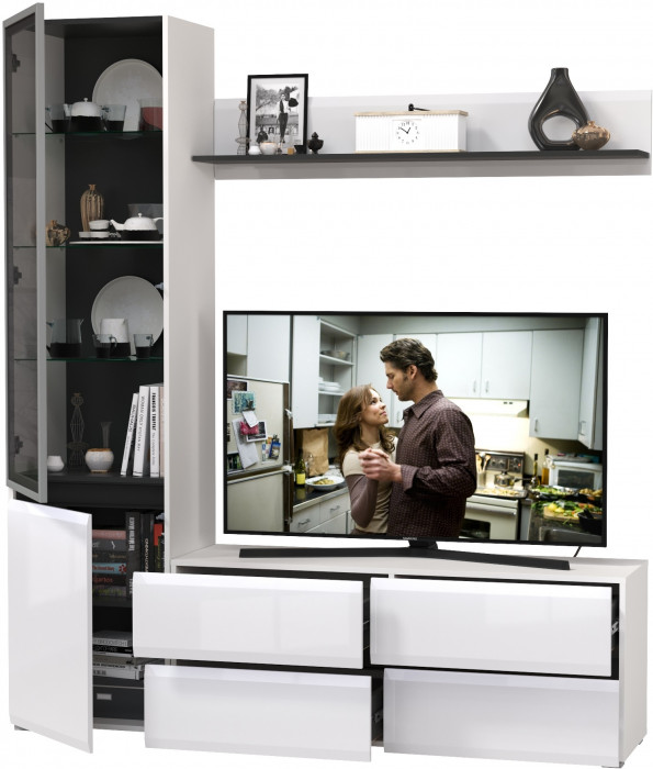 Сидней Комплектация № 048, корпус белый/чёрный/фасады МДФ белый глянец