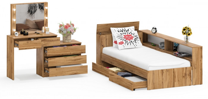 Ксения Кровать с ящиками 0900 + прикроватный блок + Столик с подсветкой 110, дуб вотан