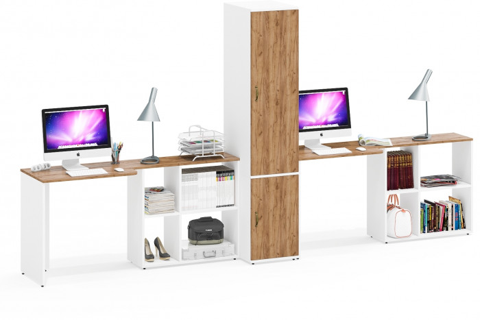 Лидер-8 Стол + Стол + Пенал МД 23Б, белый шагрень/крафт золото