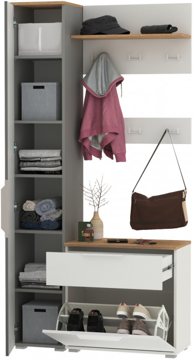 Октава Прихожая 50, белый шагрень/серый графит/дуб крафт золотой/фасады МДФ белый шагрень/серый графит