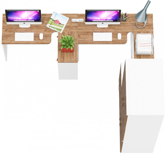 Лидер-8 Стол + Стол + Шкаф МД 19Б + Тумба МД 3.16, цвет белый шагрень/крафт золото, ШхГхВ 450х50х75/190 или 230х200/50х75/190 см., НЕ ун. сб.