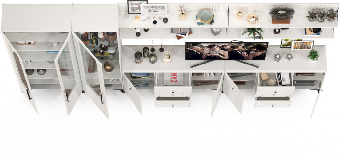 Валенсия Гостиная № 125, цвет ЛДСП белый шагрень/МДФ белый шагрень, ШхГхВ 405,4х38,4х225,2 см., универсальная сборка