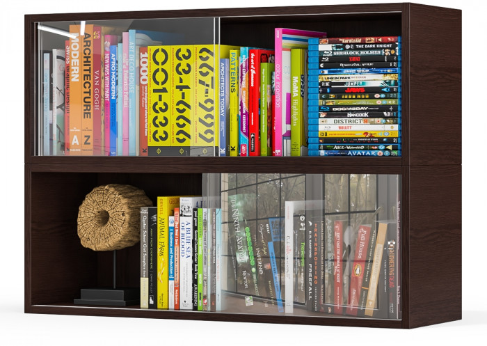 Две полки книжных С-МД-КН01, цвет венге, ШхГхВ размер каждой полки в отдельности: 83х25х30 см., стеклянные дверцы