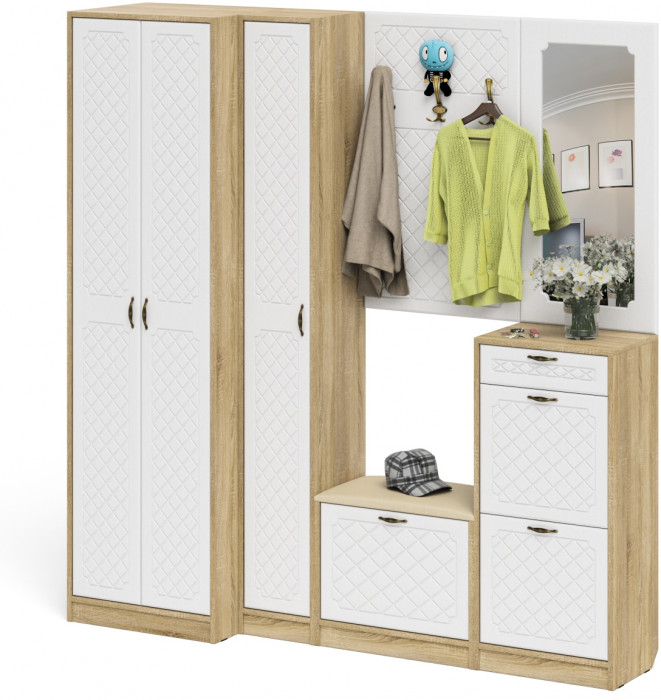 Прихожая П-6 Компоновка № 31, дуб сонома/фасады МДФ белое дерево фрезеровка ромб