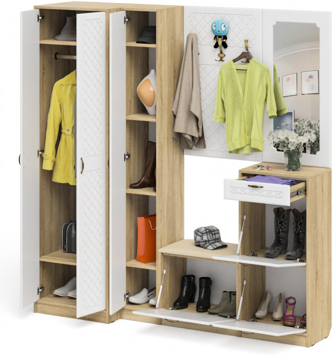 Прихожая П-6 Компоновка № 31, дуб сонома/фасады МДФ белое дерево фрезеровка ромб