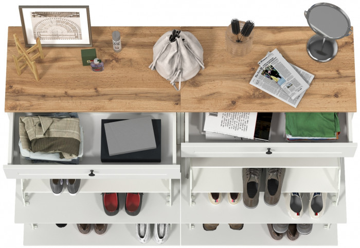 Остин 16.121 Тумба для обуви + 16.121 Тумба для обуви, цвет белый шагрень/дуб крафт золотой, ШхГхВ 160х41,6х99,3 см.