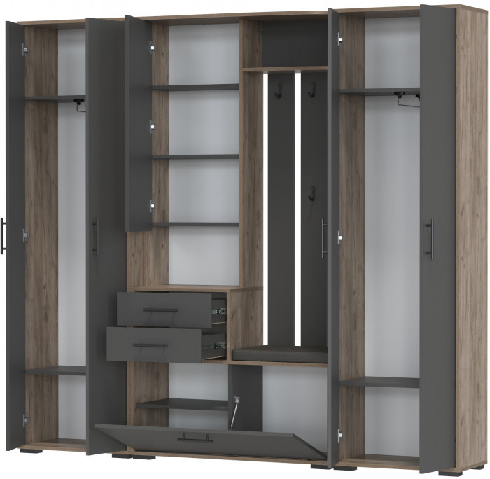 Прихожая Домино 4, цвет дуб крафт табачный/графит, ШхГхВ 220х36х202 см., универсальная сборка