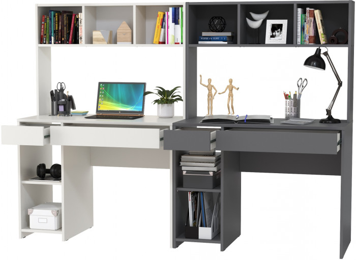 компьютерный стол Комфорт 12.77F + компьютерный стол Комфорт 12.77F, белый шагрень/тёмно-серый