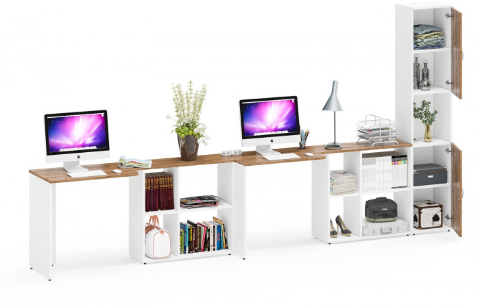 Лидер-8 Стол + Стол + Пенал, белый шагрень/крафт золото