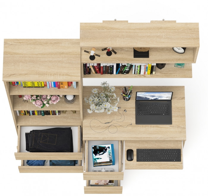 Мори компьютерный стол МС-6 левый + Стеллаж МСТ600.3 + Полка 900, дуб сонома