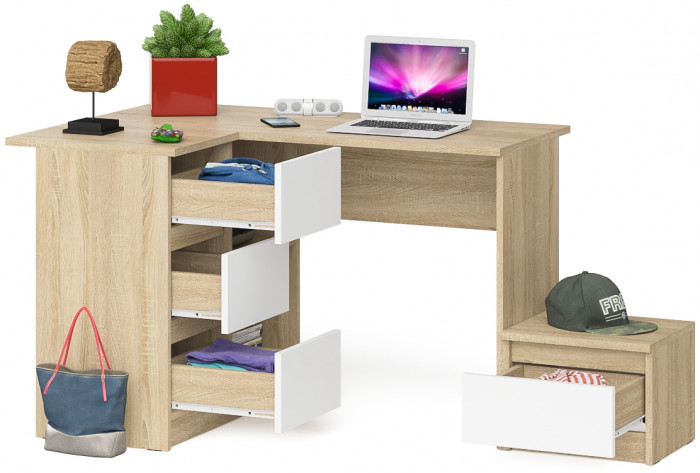 Мори Стол компьютерный МС-16 левый + Тумба ТМП400.1, цвет дуб сонома/белый, ШхГхВ 164,8х84,9х76,6 см., выдвижные ящики слев, НЕ универсальная сборкаа