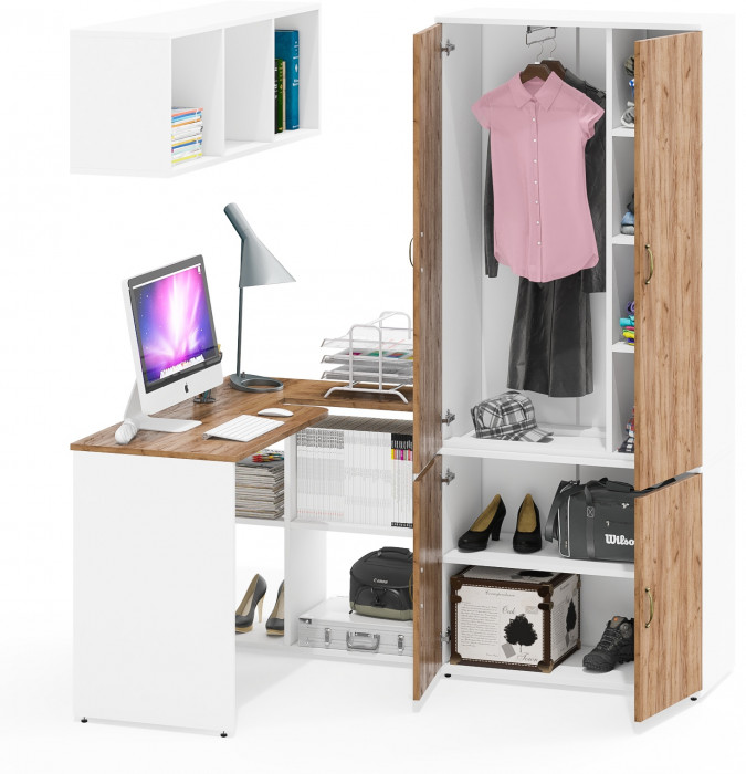 Лидер-8 Стол + Полка + Шкаф МД 20Б, белый шагрень/крафт золото