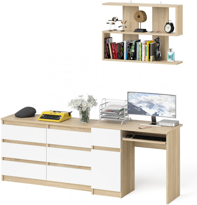 Мори компьютерный стол МС-1 левый + Комод МК1200.6 + Полка 900, дуб сонома/белый