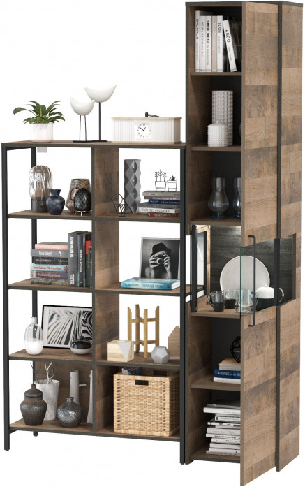 Трувор 13.151.02 Стеллаж + 13.205 Шкаф-пенал с витриной, цвет дуб гранж песочный/интра, ШхГхВ 134,8х37х210 см., универсальная сборка