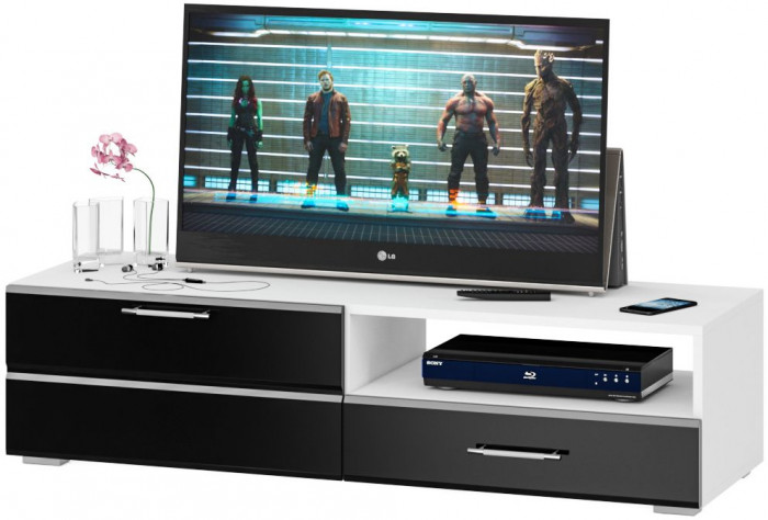 Тумба под ТВ Ларго 1,4, цвет корпус белый/фасады МДФ чёрный глянец, ШхГхВ 140х46х35 см., НЕ универсальная сборка