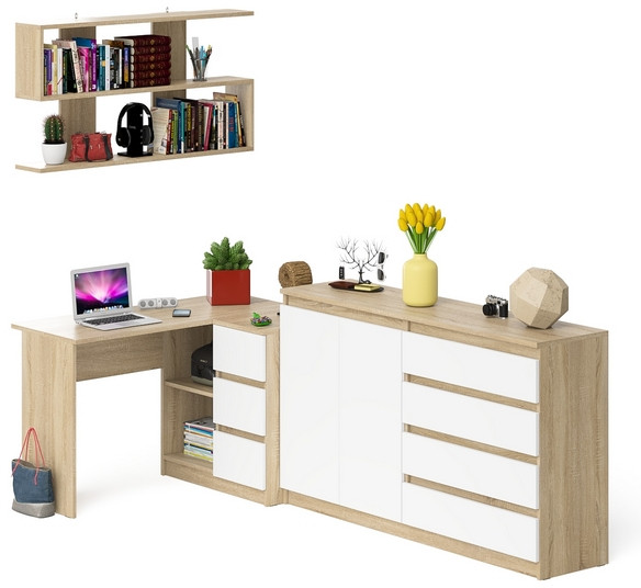 Мори компьютерный стол МС-16 правый + Комод МК1600.1 + Полка 1200, дуб сонома/белый