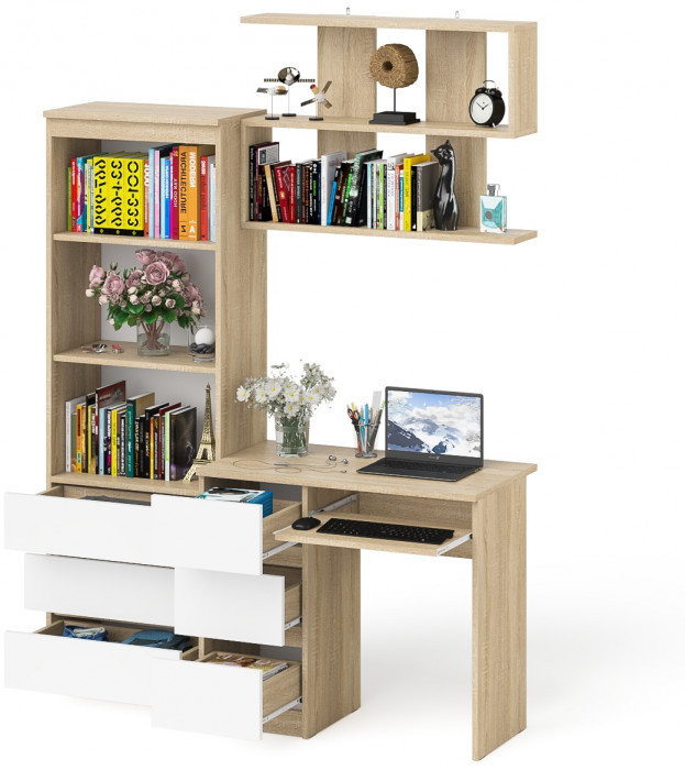 Мори компьютерный стол МС-6 левый + Стеллаж МСТ600.3 + Полка 900, дуб сонома/белый