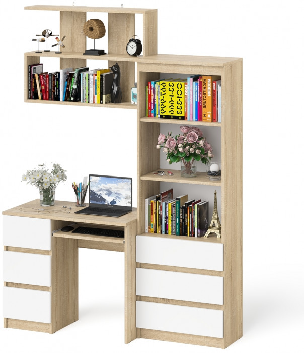 Мори компьютерный стол МС-6 левый + Стеллаж МСТ600.3 + Полка 900, дуб сонома/белый