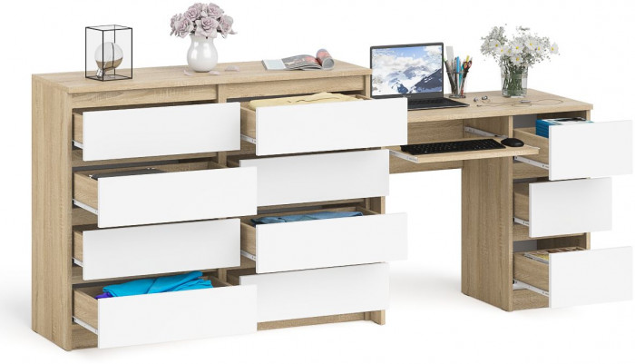 Мори компьютерный стол МС-6 правый + Комод МК1200.8, дуб сонома/белый