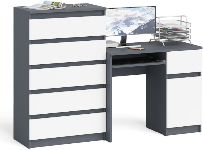 Мори компьютерный стол МС-1 правый + Комод МК700.5, графит/белый