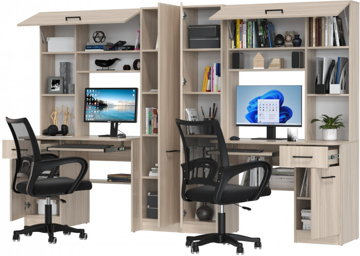 Два стола рабочих 6-0603 Альфа + два кресла 103 чёрных, ясень шимо светлый