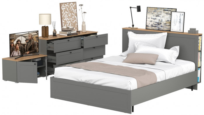 Остин 11.53 Кровать + ортопед + 16.240 Комод + 13.257 Тумба, серый графит/дуб крафт золотой