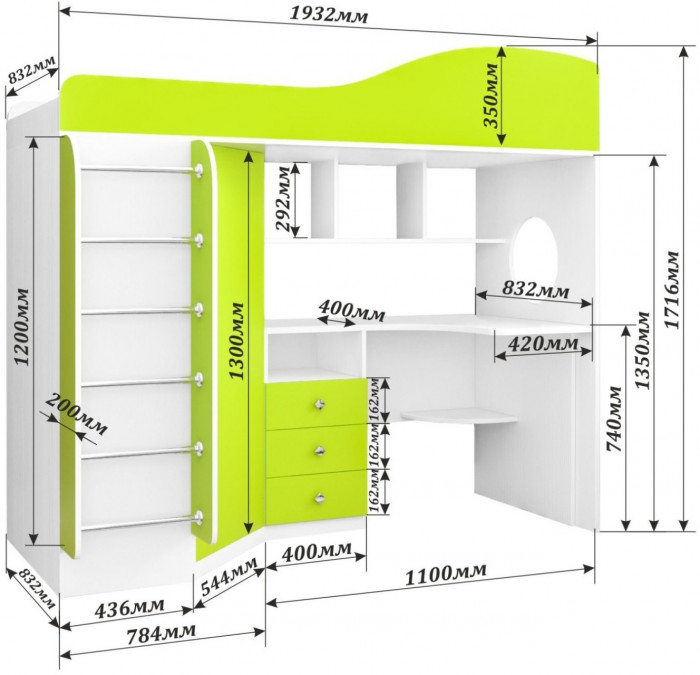 Кровать-чердак Кадет 1 с металлической лестницей (Белое дерево/Лайм)