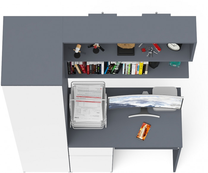 Мори Стол компьютерный МС-1 левый + Пенал МШ400.1 + Полка 900, цвет графит/белый, ШхГхВ 130,4х50,4х209,6 см., НЕ универсальная сборка