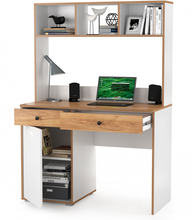 Вуди Стол письменный 12.42 + Надстройка на стол 13.161, цвет белый премиум/дуб крафт золотой, ШхГхВ 110х52,7х158,7 см., универсальная сборка