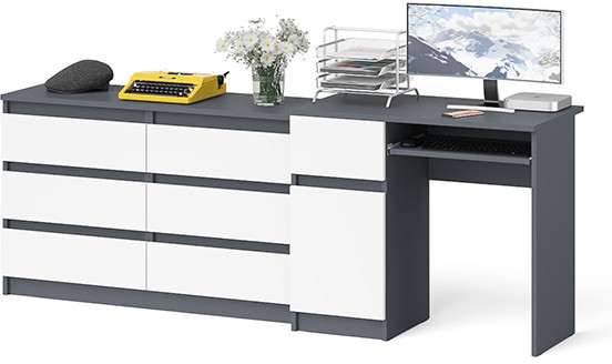 Мори компьютерный стол МС-1 левый + Комод МК1200.6, графит/белый