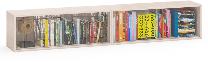 Две полки книжных С-МД-КН01, цвет ясень шимо светлый, размер каждой полки в отдельности: ШхГхВ 83х25х30 см., стеклянные дверцы