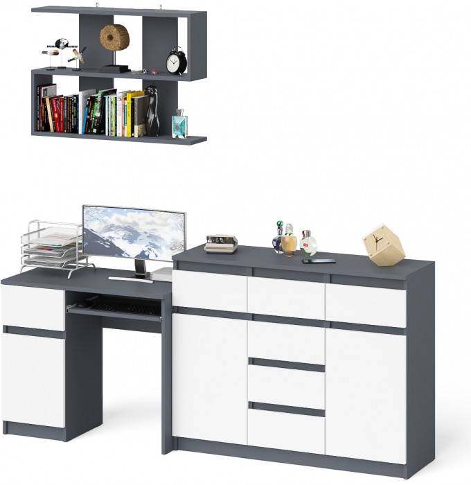 Мори Стол компьютерный МС-1 левый + Комод МК1200.4 + Полка 900, цвет графит/белый, ШхГхВ 210,4х50х209,6 см., НЕ универсальная сборка