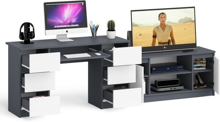 Мори компьютерный стол МС-2 + Тумба МТВ1200.1, графит/белый