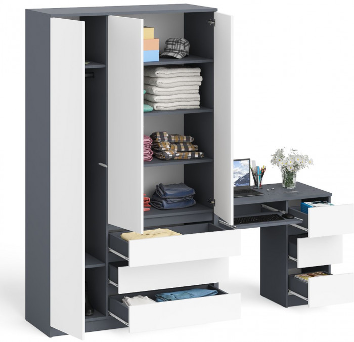 Мори Стол компьютерный МС-6 правый + Шкаф МШ1200.1, цвет графит/белый, ШхГхВ 210,4х50,4х209,6 см., выдвижные ящики справа, НЕ универсальная сборка