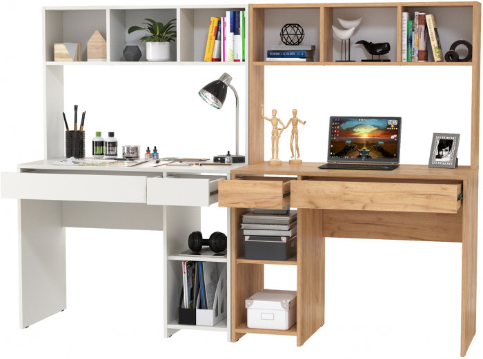 компьютерный стол Комфорт 12.77F + компьютерный стол Комфорт 12.77F, белый шагрень/дуб крафт золотой