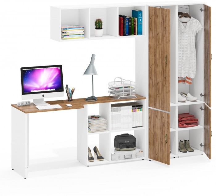 Лидер-8 Стол + Полка + Пенал МД 21Б + Пенал МД 21Б, цвет белый шагрень/крафт золото, ШхГхВ 245х50/37,5х75/190 или 115х160/50х75/190 см., НЕ ун. сб.