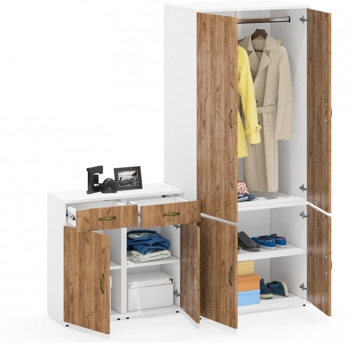 Лидер-8 Шкаф МД 19Б + Тумба МД 3.15 + Тумба МД 3.15, цвет белый шагрень/крафт золото, ШхГхВ 160х50х190 см., универсальная сборка