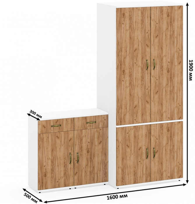 Лидер-8 Шкаф МД 19Б + Тумба МД 3.15 + Тумба МД 3.15, цвет белый шагрень/крафт золото, ШхГхВ 160х50х190 см., универсальная сборка