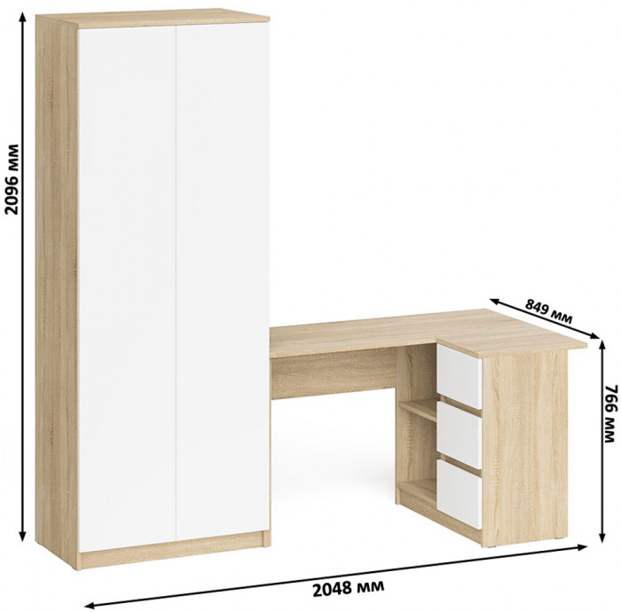 Мори Стол компьютерный МС-16 правый + Шкаф МШ800.1, цвет дуб сонома/белый, ШхГхВ 204,8х84,9х209,6 см., выдвижные ящики справа, НЕ универсальная сборка