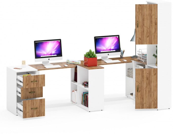 Лидер-8 Стол + Стол + Пенал + Тумба МД 3.16, белый шагрень/крафт золото