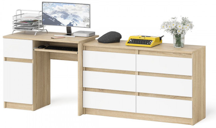 Мори компьютерный стол МС-1 левый + Комод МК1200.6, дуб сонома/белый