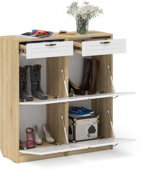 Прихожая П-6 Тумба для обуви 2 секции + Тумба для обуви 2 секции, дуб сонома/фасады МДФ белое дерево фрезеровка прованс