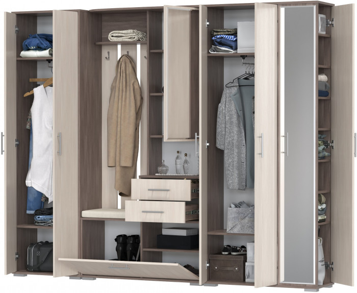 Прихожая Домино 6, цвет бодега тёмный/бодега светлый, ШхГхВ 248х36х202 см., универсальная сборка