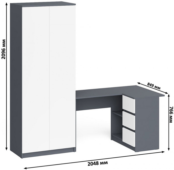 Мори компьютерный стол МС-16 правый + Шкаф МШ800.1, графит/белый