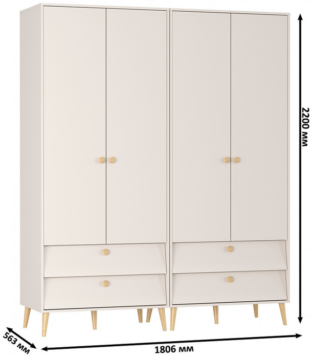 Афина Спальня Шкаф 2-х дверный с двумя ящиками х 2, цвет кашемир серый, ШхГхВ 180,6х56,3х220 см.