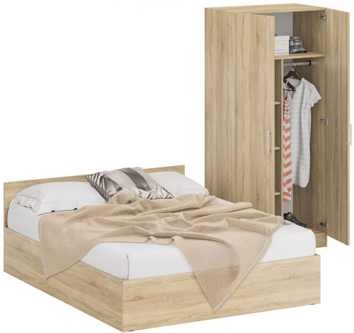 Кровать 1600 + Шкаф 2-х створчатый Стандарт, цвет дуб сонома, ШхГхВ 163,5х203,5х70 + 90х52х200 см., сп.м. 1600х2000 мм., без матраса, основание есть