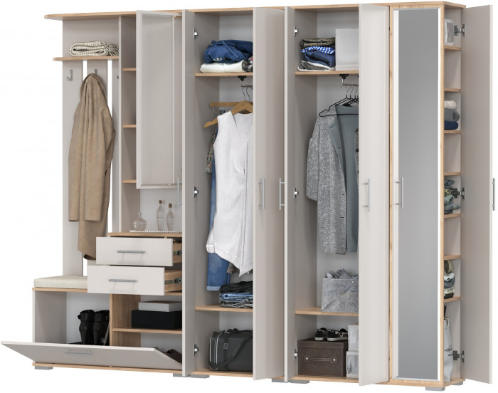 Прихожая Домино 6, цвет дуб крафт золотой/кашемир серый, ШхГхВ 248х36х202 см., универсальная сборка