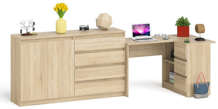 Мори компьютерный стол МС-16 правый + Комод МК1600.1, дуб сонома